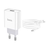 МЗП-USB HOCO C81A 2.1A 1 Usb + кабель Micro USB (блістер) White