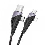 Cable 4 in 1 Type-C/Type-C+iPhone 5 HOCO U95 1.2m (круглий,тканевий,Г-образний) Black/grey 