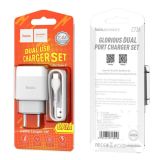МЗП-USB HOCO C73A 2.4A 2 Usb + кабель Type-C (блістер) White/grey