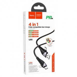 Cable 4 in 1 Type-C/Type-C+iPhone 5 HOCO U95 1.2m (круглий,тканевий,Г-образний) Black/grey 