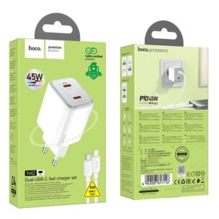СЗУ-USB HOCO N42 PD45W+QC3 (2Type-C) + кабель Type-C-Lightning White