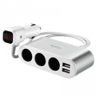 Трійник в прикурювач HOCO Z13 (3 порту + 2USB / 2.1A) Silver