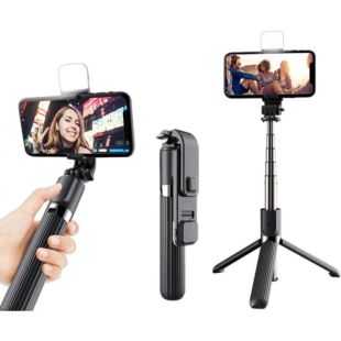 Держатель для Selfi Monopod Q03S (с триногой, ВТ пульт, подсветка) Black