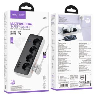 Удлинитель сетевой HOCO AC21 3m (3USB/1 Type-C/4xSocket) Black