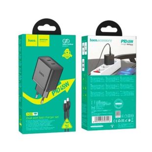 СЗУ-Type-C HOCO N35 PD45W+QC3 (2Type-C) + кабель Type-C-Lightning Black