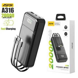 Power Bank 20000mAh Aspor A316 (22.5W/PD) Black (12міс гарантія)