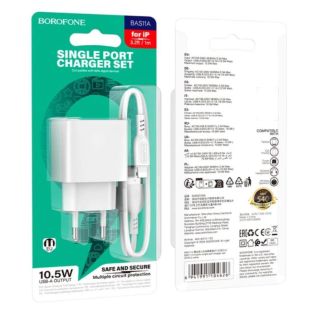 СЗУ-USB Borofone BAS11A 2.1A/10.5W 1 Usb + кабель Lightning White (блістер)