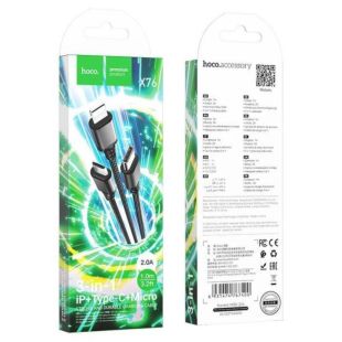 Usb-cable 3 in1 Micro USB/iPhone5/Type-C HOCO X76 2A 1m (круглий,тканинний) Black
