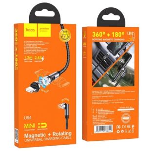 Usb-cable iPhone 5 HOCO U94 Universal magnetic 2.4A 1.2m (круглий, тканевий, Г-образний) Black