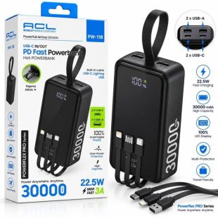 Power Bank 30000mAh ACL PW-118 22.5W(LCD-дисп,Встр кабели:USB-C,Lightning иUSB)black(А)-Цена Недели!