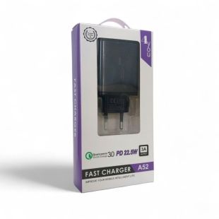 CЗУ 4you A52 (PD 22.5W, Fast Charger QC 3.0, 5V/3A, 9V/12V-1.5A, 2 виходи) black+кабель Type C-Light