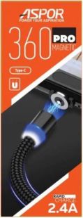 Usb-cable Micro USB Aspor-360Pro magnetic 2.4A 1m (круглый,ткань + пластик,метал.коннек) Black