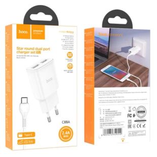 СЗУ-USB HOCO C88A 2.4A 2 Usb + кабель Type-C White