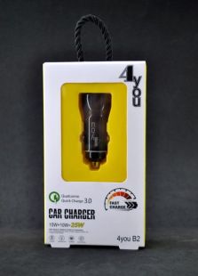 АЗП 4you B2 ( total 5A / 25W, QC3, Fast Charger, 2 USB, 3.6-12V ) black + Type C 