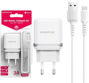 СЗУ-USB BOROFONE BA25A 2.4A 2USB + кабель Type-C White (блістер)