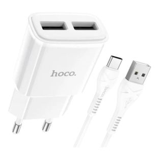 МЗП-USB HOCO C88A 2.4A 2 Usb + кабель Type-C White