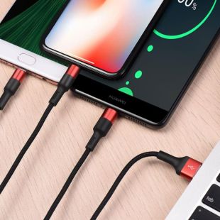 Usb-cable 3 in1 Micro USB/iPhone5/Type-C HOCO X26  Xpress 2A 1m (круглый, тканевой) Black/red