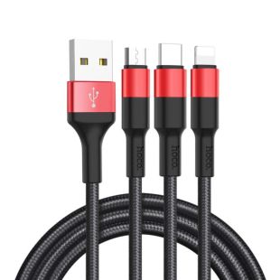 Usb-cable 3 in1 Micro USB/iPhone5/Type-C HOCO X26  Xpress 2A 1m (круглый, тканевой) Black/red