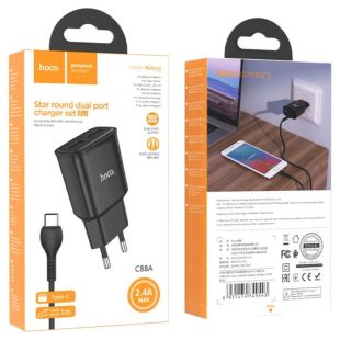СЗУ-USB HOCO C88A 2.4A 2 Usb + кабель Type-C Black