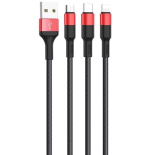 Usb-cable 3 in1 Micro USB/iPhone5/Type-C HOCO X26  Xpress 2A 1m (круглый, тканевой) Black/red
