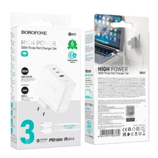 СЗУ-USB BOROFONE BN11 PD+QC3.0 100W/3A (1 Usb/2Type-C)+ кабель Type-C-Type-C White